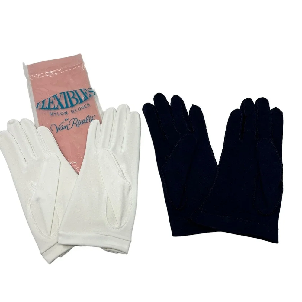 Womens Vintage Gloves Two Pair Navy Blue and White Nylon‎ Size 6 1/2